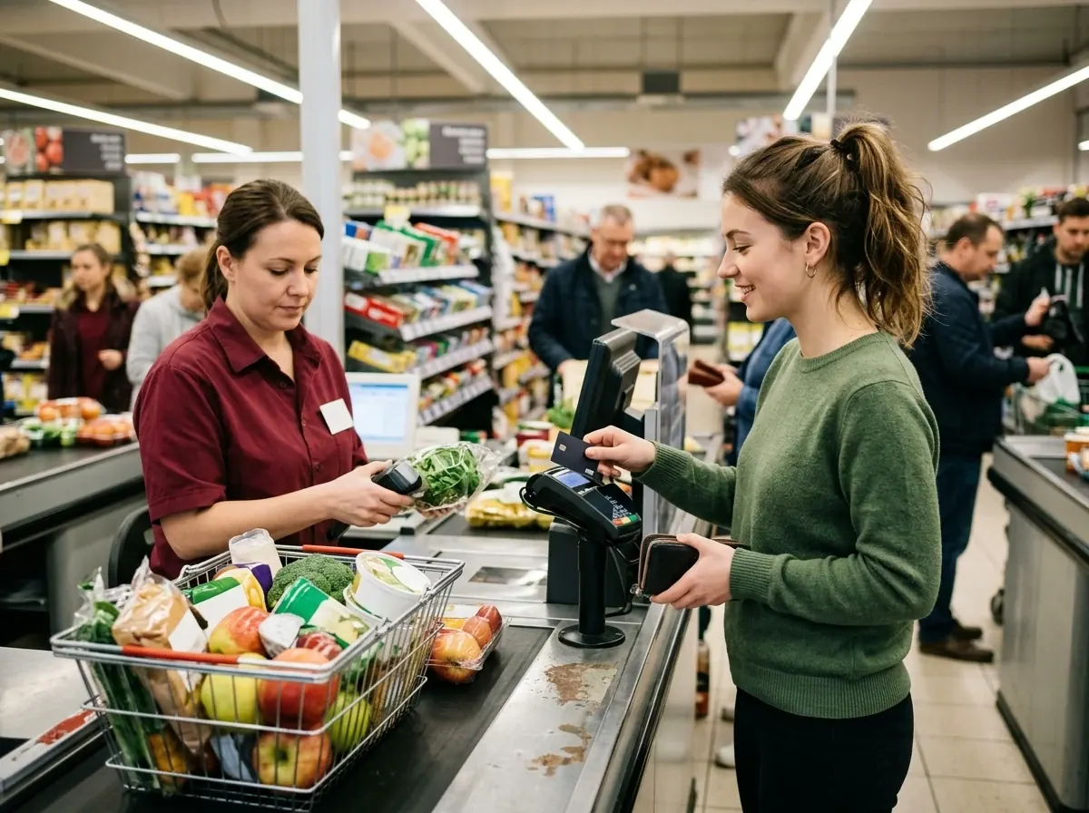 paying for groceries at checkout